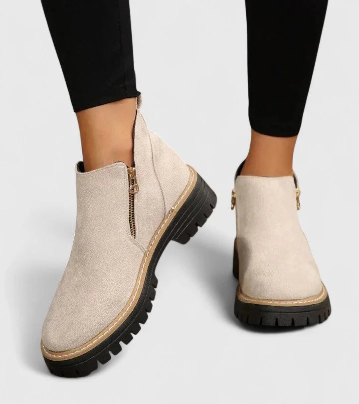 Women's suede side zip ankle boots with chunky lug sole