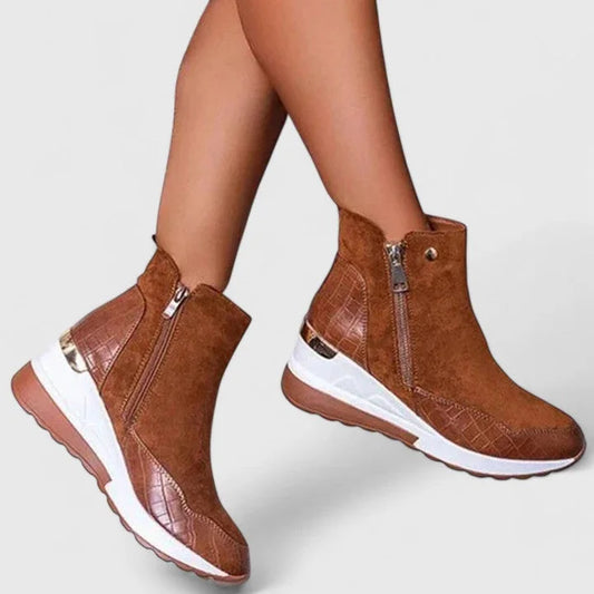Women's suede side zip ankle boots with crocodile-embossed panels – Chestnut Brown