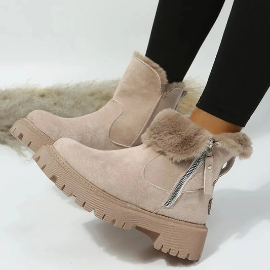 Women's suede side zip ankle boots with faux fur trim – Khaki