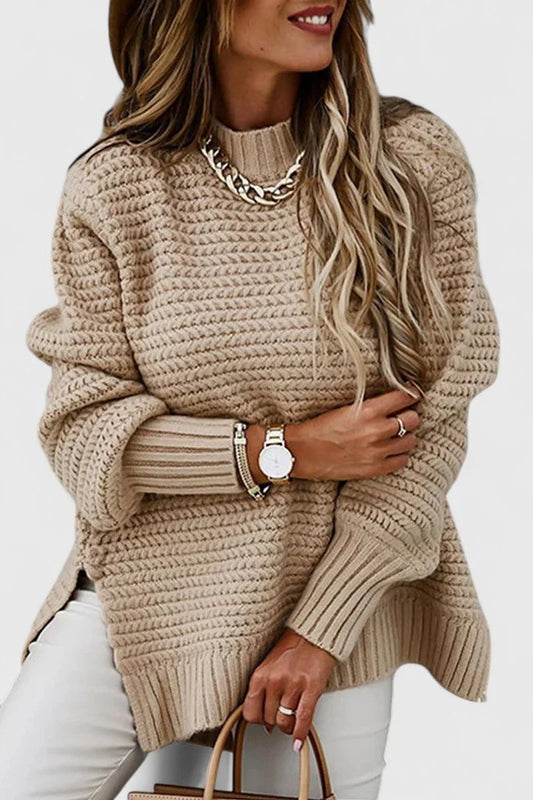Women's knit crew neck jumper with side slits
