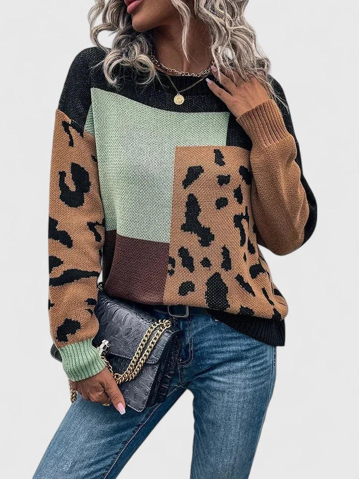 Women's colourblock knit crew neck jumper with leopard print panels