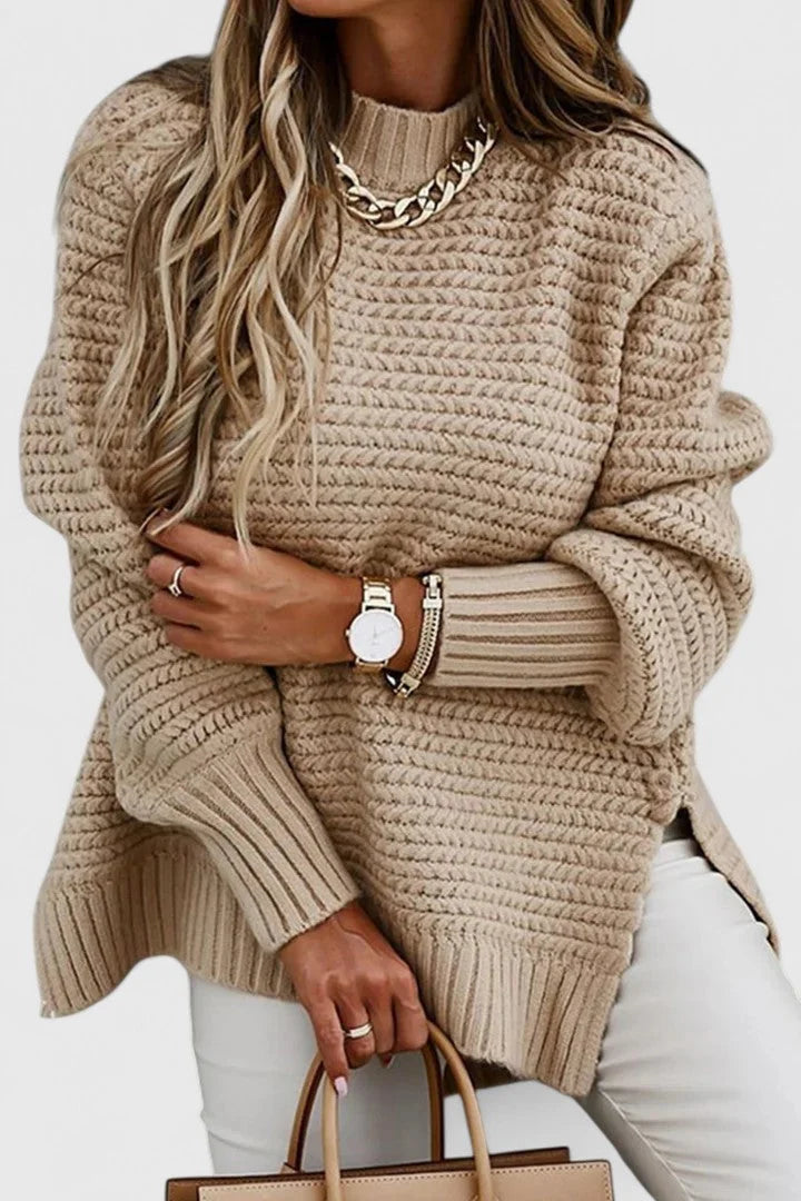 Women's knit crew neck jumper with side slits – Apricot