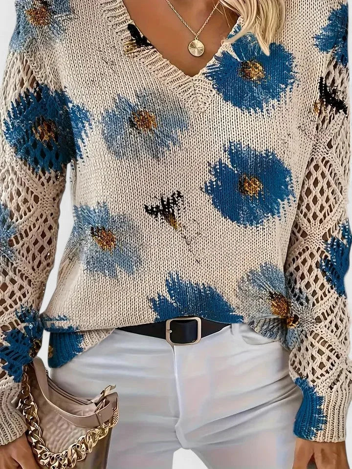 Women's floral knit cardigan with V-neck and lattice sleeves