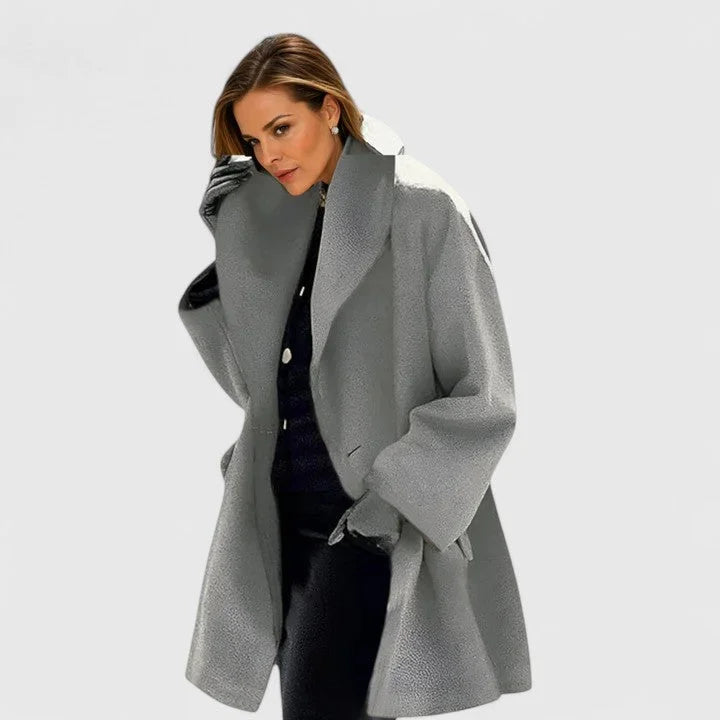 Women's button-front shawl collar wool coat with wide – Grey