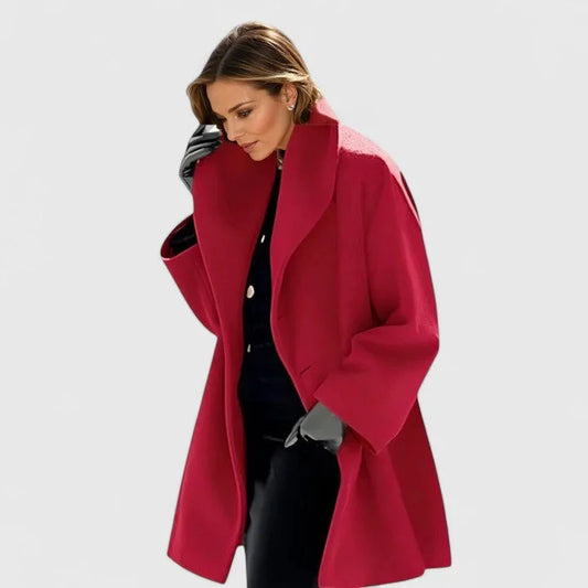 Women's button-front shawl collar wool coat with oversized draped – Red