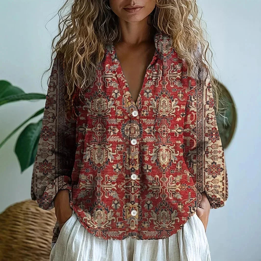 Women's long sleeve V-neck embroidered blouse – Burgundy