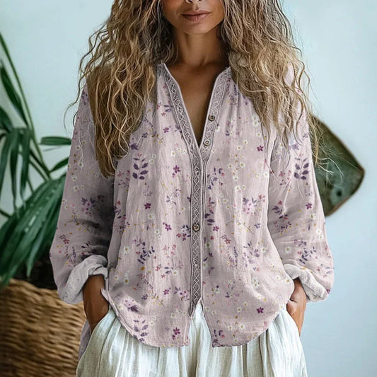 Women's long sleeve V-neck embroidered blouse – Pink