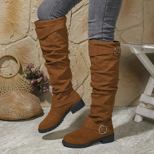Women's slouchy knee-high boots with buckle detail – Khaki