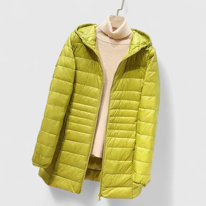 Women's quilted zip-up hood puffer coat with shiny finish – Green