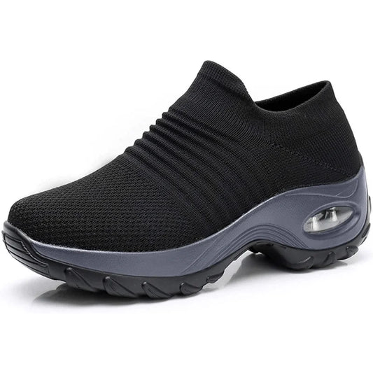 Women's knit slip-on sneakers with arch cushioning and air-cushion sole – Black (Gray Sole)