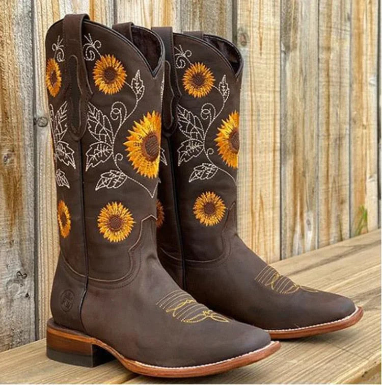 Women's bohemian sunflower-embroidered western leather boots – Dark Brown