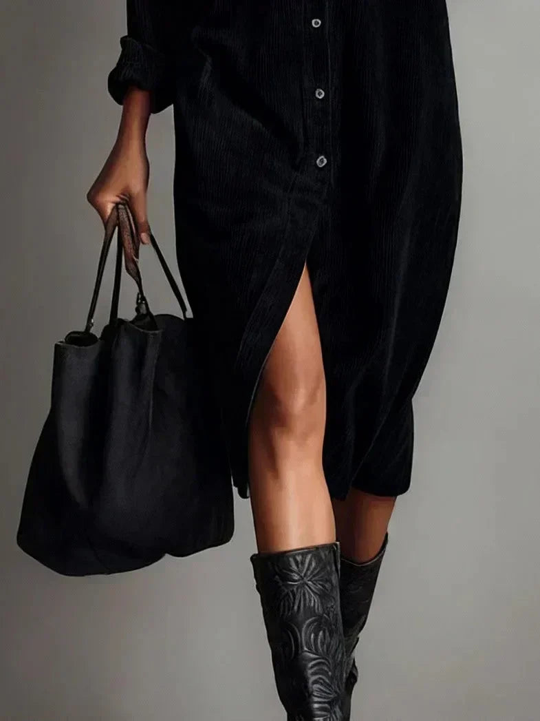 Women's corduroy collared long-sleeve midi dress with high-slit flared hem