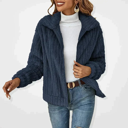 Women's cozy fuzzy long-sleeve zip-up fleece jacket with wide collar – Navy blue