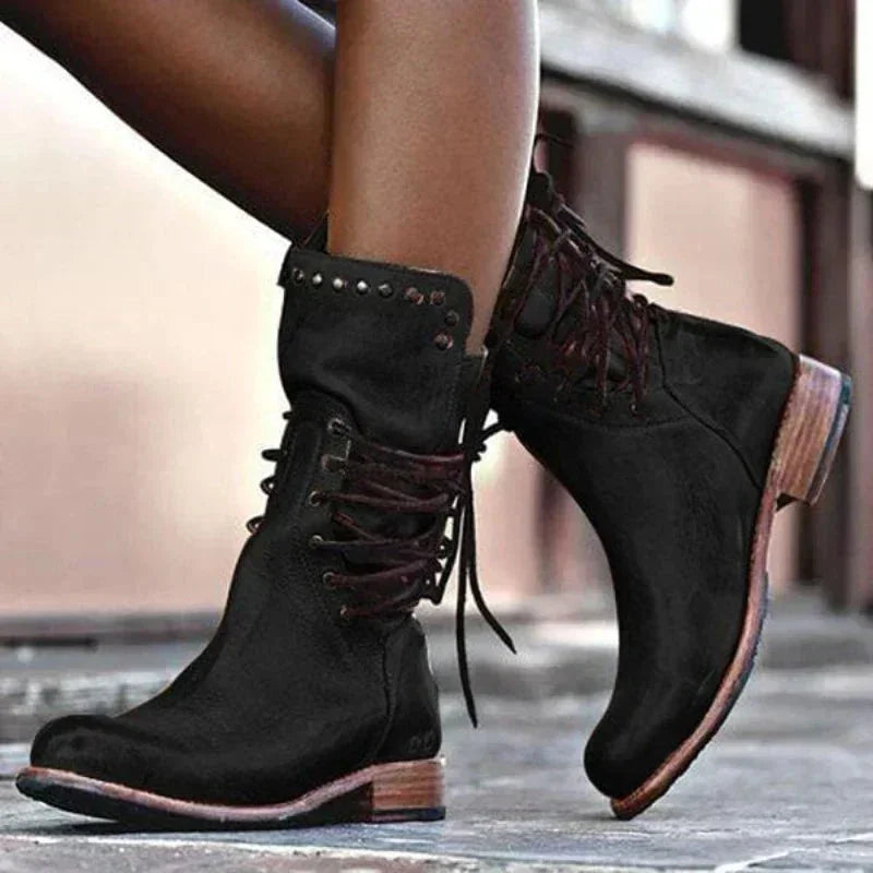 Women's distressed leather lace-up boots with studded cuff – Black