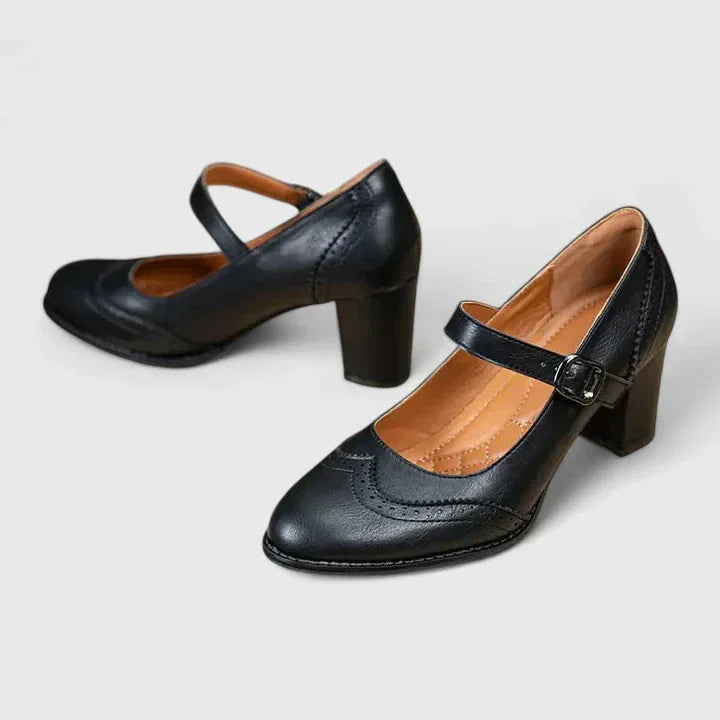 Women's faux-leather brogue Mary Jane block-heel shoes with buckle strap