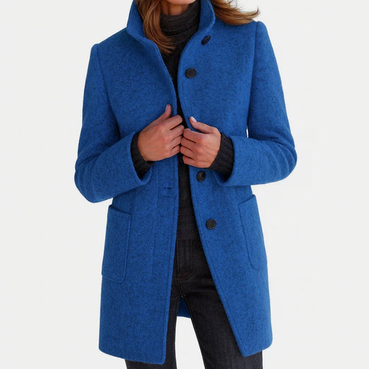 Women's felted wool coat with stand collar and button-front closure – Blue