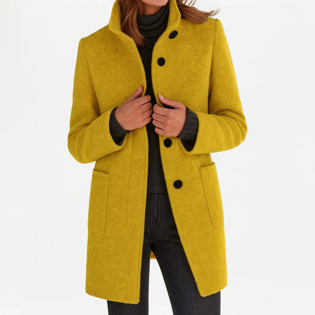 Women's felted wool coat with stand collar and button-front closure – Yellow