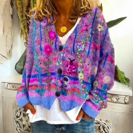 Women's floral knit button-front cardigan sweater – Violet