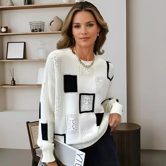 Women's geometric square-pattern knit sweater with long-sleeve and crew neck – White