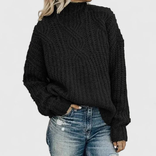 Women's oversized chunky cable knit sweater with mock-neck long-sleeve – Black
