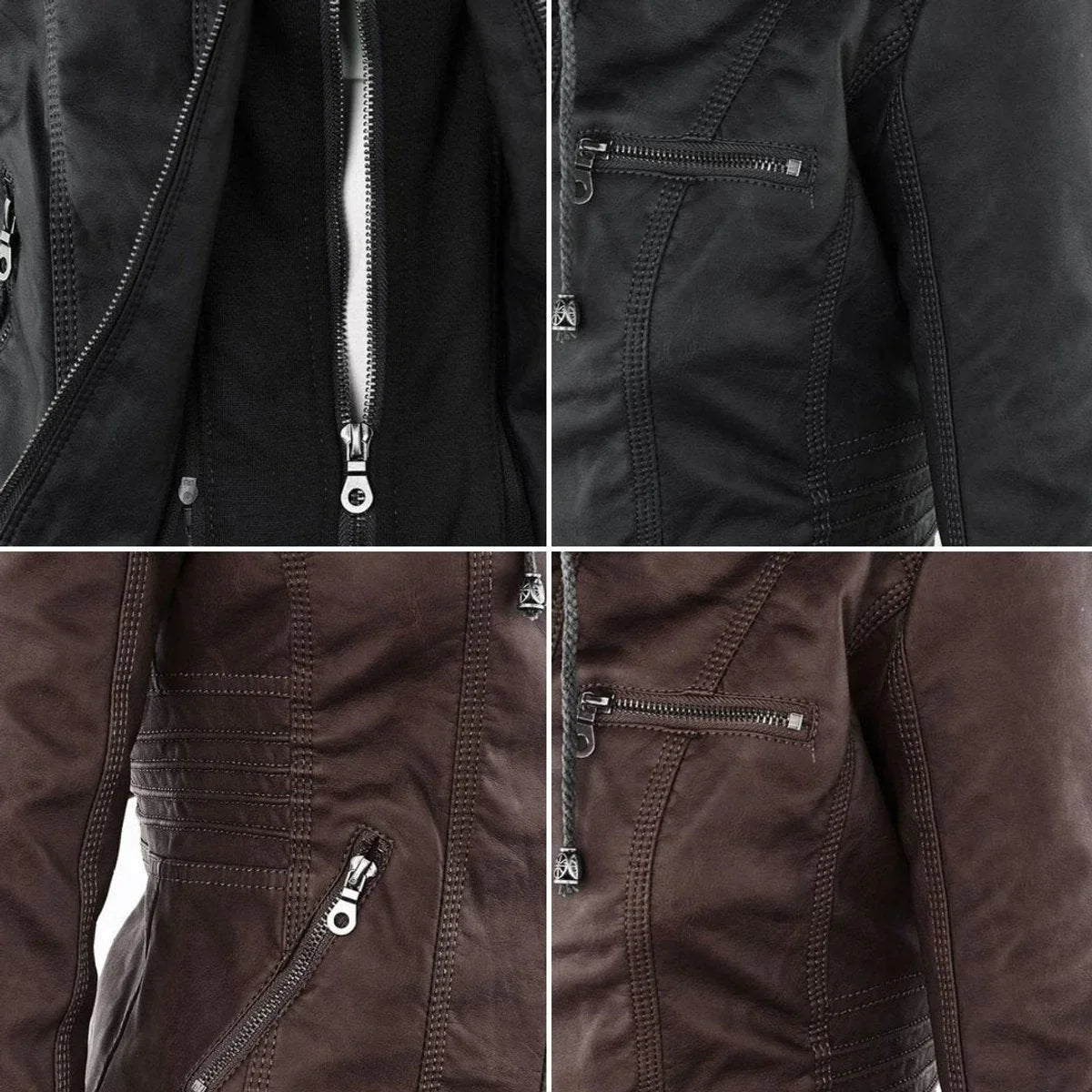 Women's hooded faux leather moto coat removable hood
