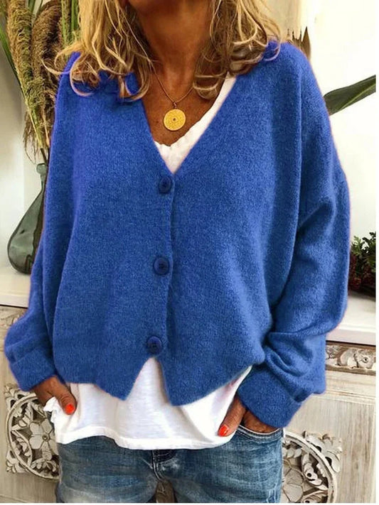 Women's knit oversized cardigan sweater with V-neck long-sleeve button-front – Blue