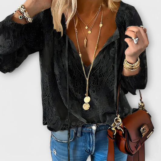 Women's lace long-sleeve blouse with V-neck tie-front and elasticated cuffs – Black