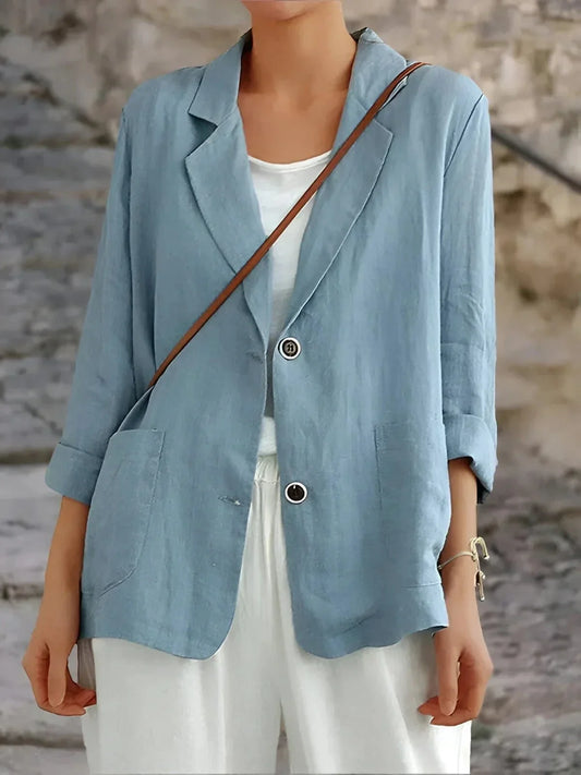 Women's linen 3/4-sleeve tailored blazer jacket casual blazer – Blue