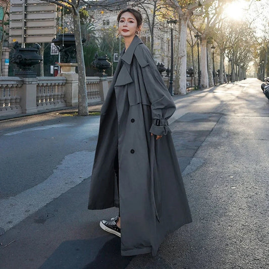 Women's oversized double-breasted long trench coat