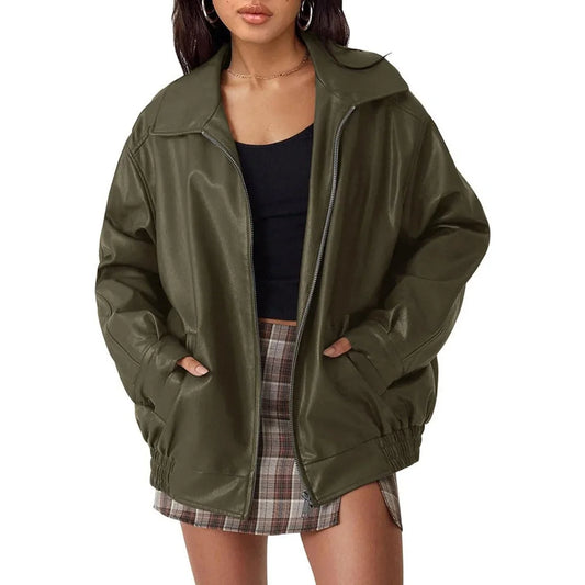 Women's oversized faux leather bomber jacket zip-up