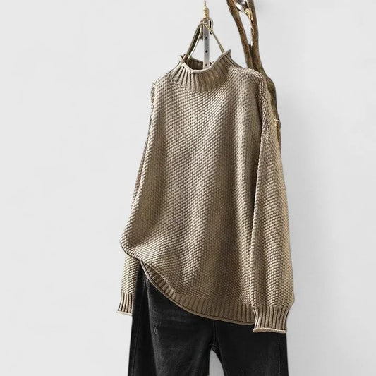 Women's oversized textured knit sweater with mock-neck long sleeves – Khaki