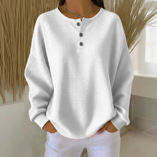 Women's oversized waffle knit sweater with long-sleeve henley design – White
