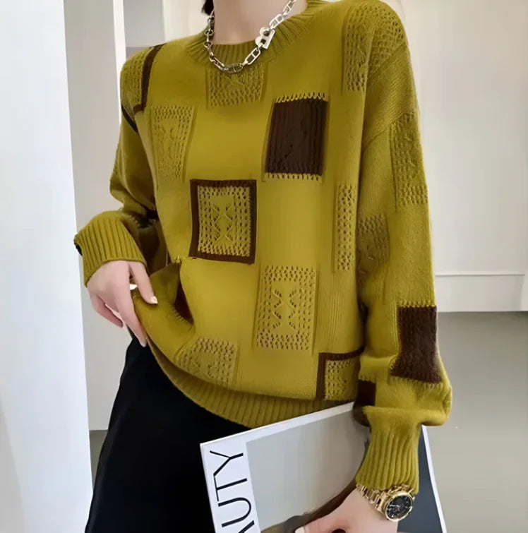 Women's patchwork relaxed-fit knit sweater with crew neck – Yellow