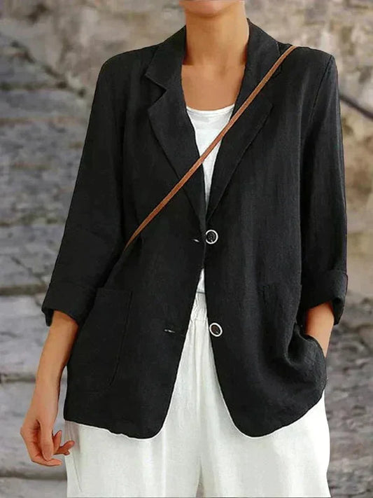Women's relaxed linen blazer with two-button front and 3/4 sleeve denim jacket – Black