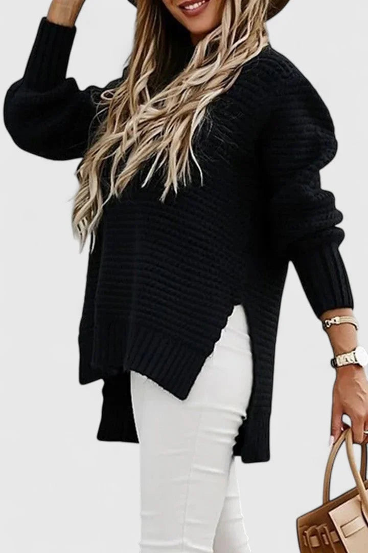 Women's relaxed-fit chunky knit sweater with mock neck and side-slit hem