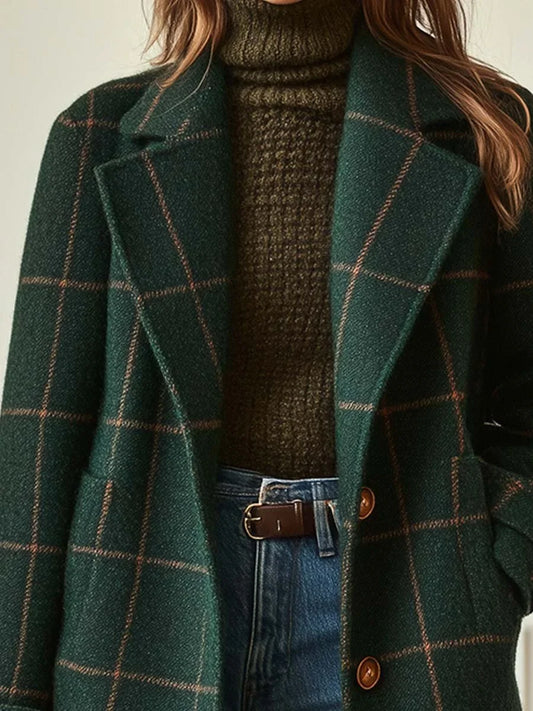 Women's retro lapel plaid tweed coat – Dark Green