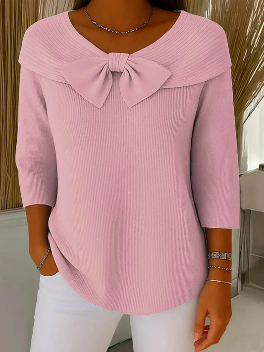 Women's ribbed knit sweater with 3/4-sleeve and V-neck with bow detail – Pink