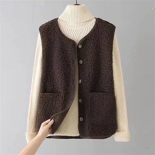 Women's sherpa vest with button-front V-neck and patch pockets – Brown