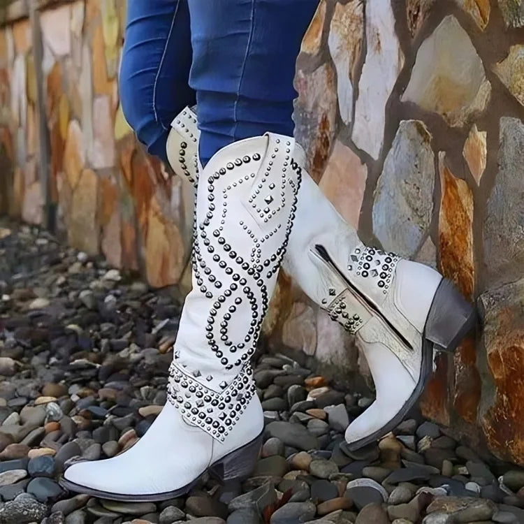 Women's studded western knee-high boots with pointed toe – White