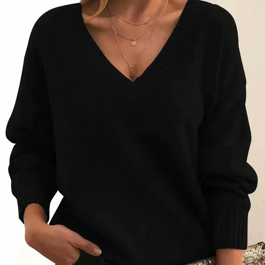 Women's V-neck long sleeve cashmere blend knit sweater – Black