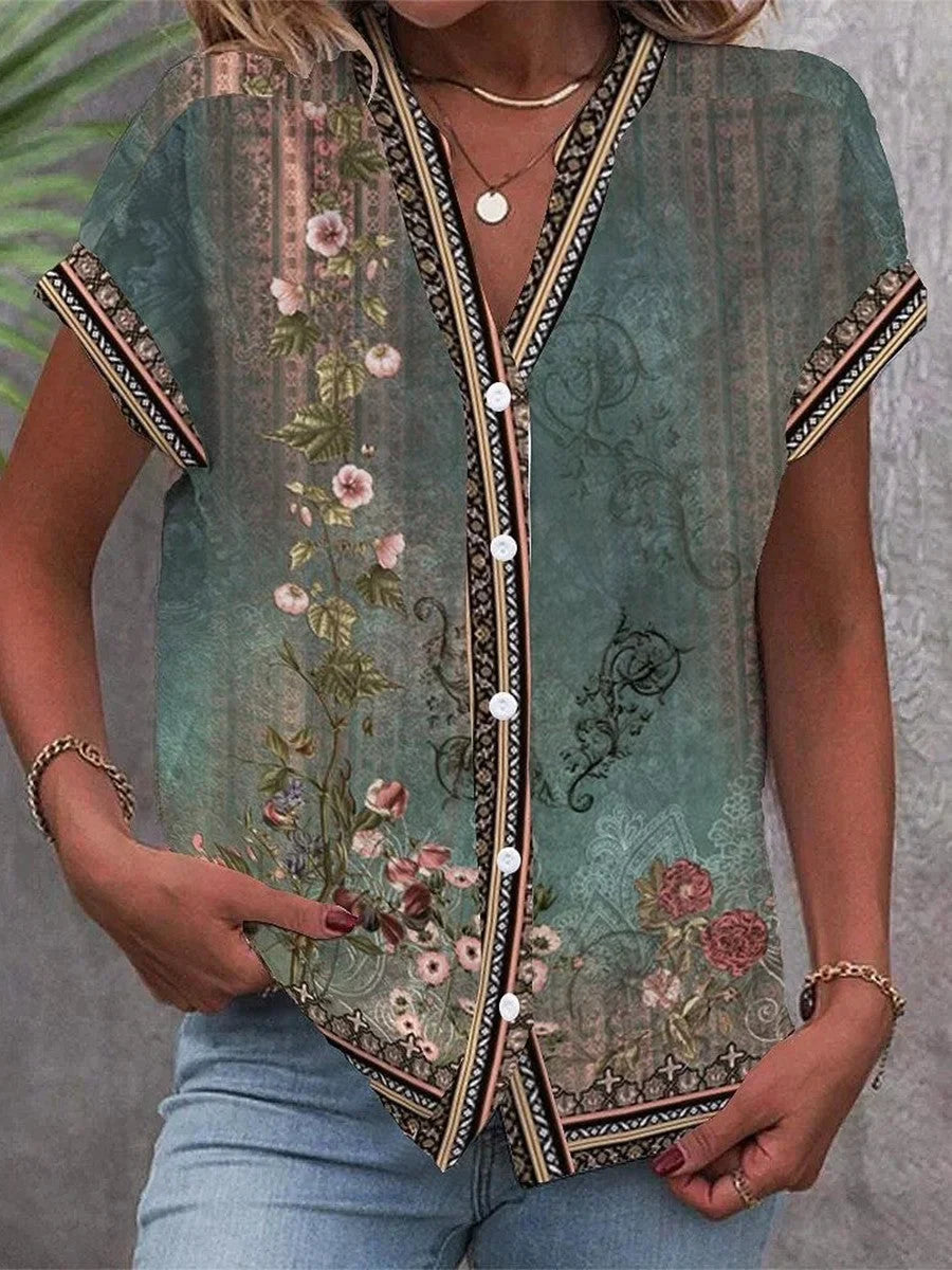 Women's vintage floral print blouse with V-neck button-down front and short sleeves – Green