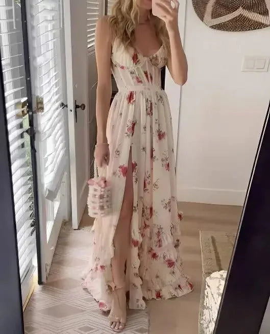 Women's wedding guest floral maxi dress with high-slit – White