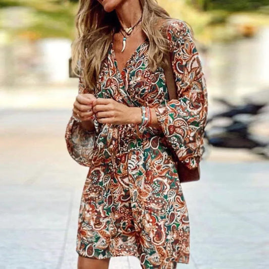 Women's wrap floral boho flowy mini dress with V-neck long sleeves – Brown