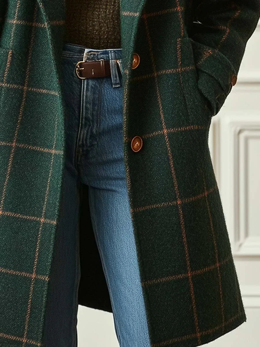 Women's wool-blend check coat with lapel collar