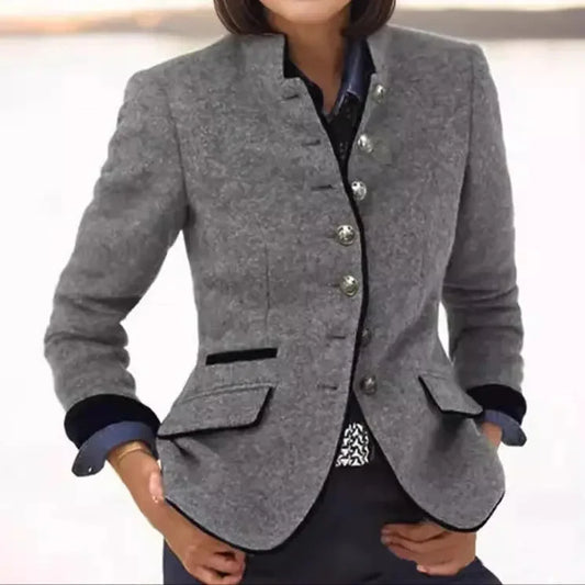 Women's wool lapel blazer with contrast trim detail – Gray