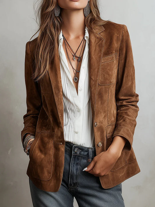 Women's button-down suede blazer with relaxed silhouette – Brown