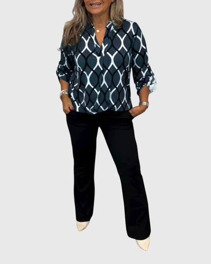Women's button-front collared blouse with geometric chain pattern