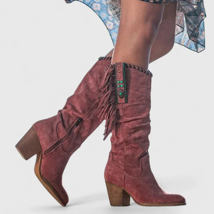 Women's suede side zip knee high boots with fringe – Red