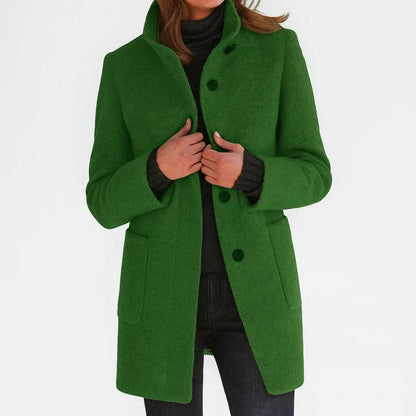 Women's button-front stand collar wool coat with patch pockets – Green