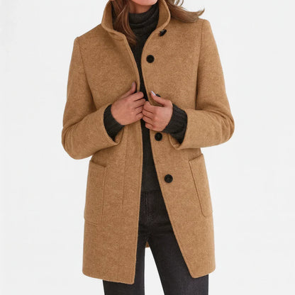Women's button-front stand collar wool coat with patch pockets – Khaki